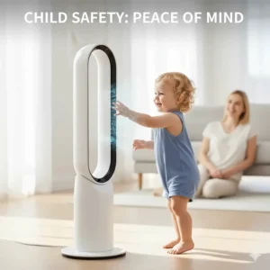 A child playing safely near a bladeless fan, highlighting the safety benefits of a fan without external moving blades.