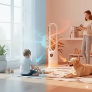 Illustration showing the transition between cooling fan and ceramic heating modes on a bladeless unit.