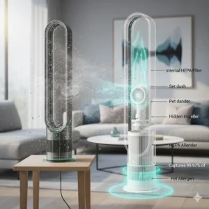 A cutaway view of a bladeless fan showing the internal HEPA filter capturing dust and allergens.