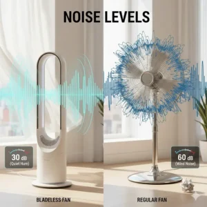 A noise level comparison graphic showing the quiet decibel performance of a bladeless fan versus a traditional fan.