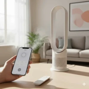 A smartphone app and remote control being used to adjust settings on a high-tech bladeless fan.