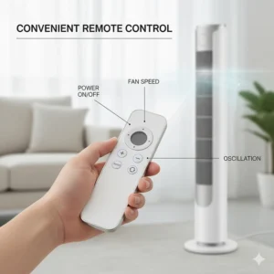 Hand holding a remote control to adjust speed settings on a bladeless tower fan.