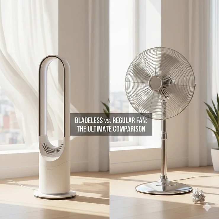 A side-by-side comparison of a modern white bladeless pedestal fan and a traditional metal blade floor fan in a bright living room. bladeless fan vs regular fan