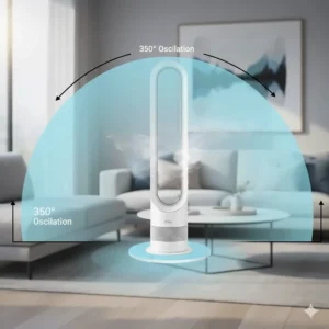 An overhead graphic illustrating the 350-degree oscillation range of a top-performing bladeless fan.