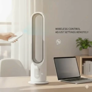 Close-up of a hand using a wireless remote to adjust the settings of a budget-friendly bladeless fan.