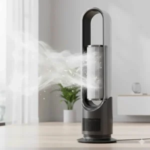 An illustration showing the internal HEPA filter of a Dyson fan alternative capturing dust and allergens.