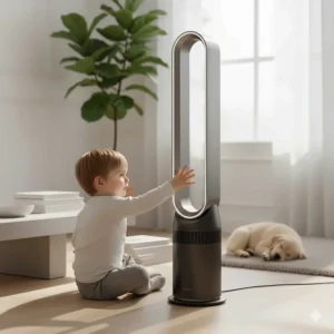A toddler playing near a bladeless fan, demonstrating the safety benefits of a Dyson fan alternative.