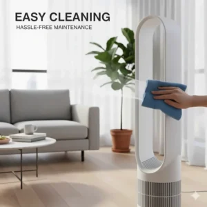 A person easily wiping the smooth surface of a bladeless tower fan with a microfiber cloth.