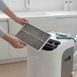 A person removing and cleaning the washable air filter from the back of a dual hose portable air conditioner.
