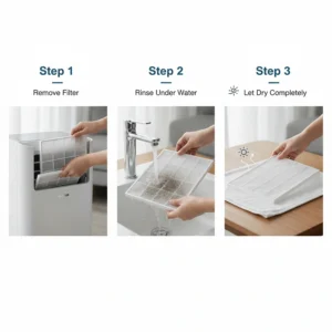 Step-by-step guide illustration for removing and cleaning a portable air conditioner dust filter.