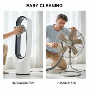 Side-by-side comparison of wiping a smooth bladeless fan vs. disassembling the protective metal cage on a regular fan for cleaning.