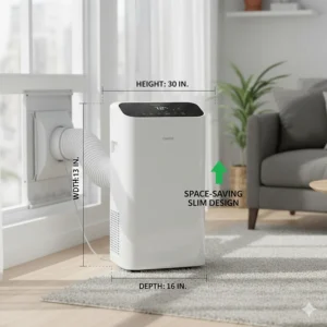 Illustration showing the slim dimensions of a space-saving portable air conditioner with heat.