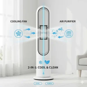 Infographic highlighting the dual cooling and air purification features of a bladeless tower fan.