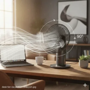 An illustration of the 90-degree oscillation path and airflow reach of a premium desk fan.