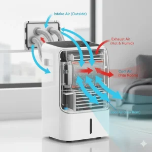 Diagram showing how a dual hose portable air conditioner pulls outside air for cooling and exhausts hot air separately.