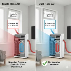 Technical illustration showing how dual hose units prevent negative air pressure by not using conditioned indoor air to cool the compressor.