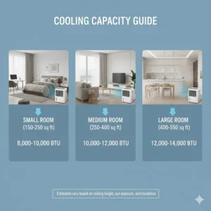 Infographic showing the recommended BTU capacity for a dual hose portable air conditioner based on room square footage.