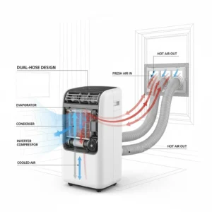 Technical illustration of a quiet dual-hose portable air conditioner design for faster and more efficient cooling.