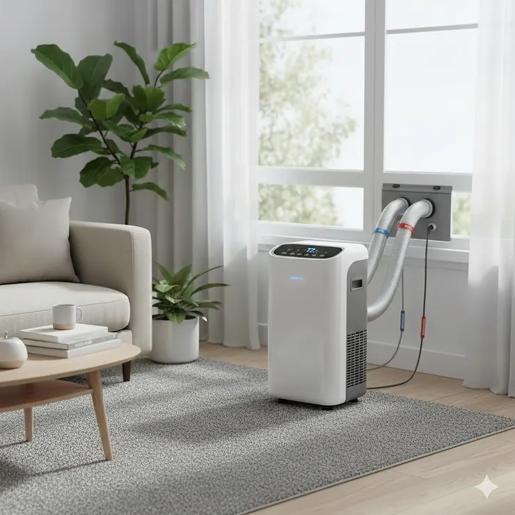 A modern dual hose portable air conditioner installed in a bright living room, showing the intake and exhaust hoses connected to a window kit.