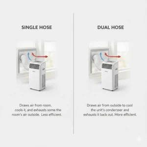 Diagram comparing dual hose and single hose portable air conditioner mechanisms for apartment energy efficiency.