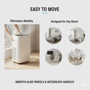 Close-up of easy-roll casters and handles on a portable air conditioner for moving between apartment rooms.