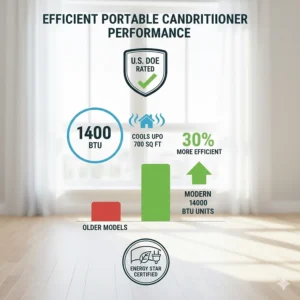 Infographic showing the energy efficiency of a powerful portable air conditioner based on DOE ratings.