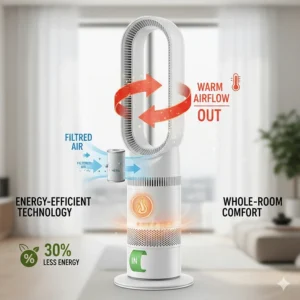 Diagram illustrating the energy-saving airflow technology of a modern bladeless heater fan.