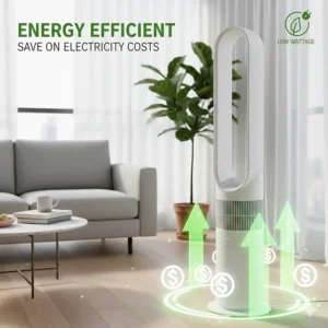 Graphic illustrating the low energy consumption of a high-performance bladeless tower fan.