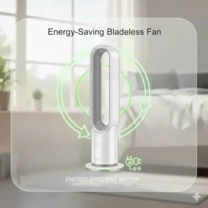 An infographic overlay on a bladeless fan highlighting its energy-saving motor and eco-friendly power consumption.