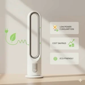 Infographic of a cheap bladeless fan showing low power consumption and eco-friendly cost savings.
