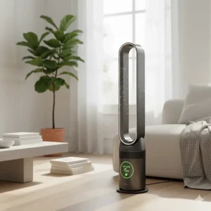 A digital display showing low energy consumption on a modern Dyson fan alternative.