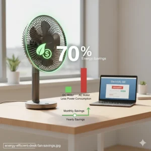 A visual representation of energy savings when using a DC motor desk fan vs. standard AC models.