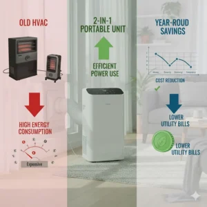 Graphic highlighting the energy-saving benefits of a portable air conditioner with heat.