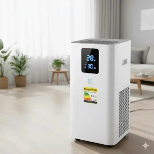 An Energy Star certified quiet portable air conditioner highlighting energy savings and eco-friendly features.