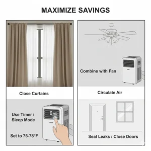 Illustration of energy-saving tips for using a portable air conditioner in an apartment, including timer settings and closed curtains.