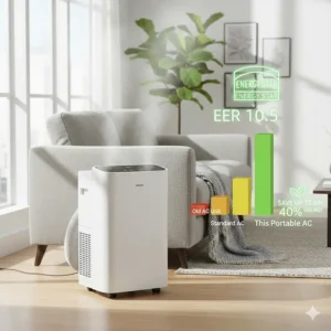 An infographic showing the energy-saving benefits and EER rating of a small portable air conditioner.