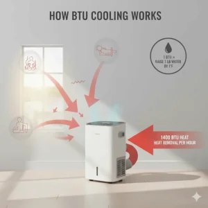 Illustration explaining how a 14000 BTU system removes heat energy from a room per hour.