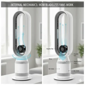 Internal cutaway view of the hidden motor and impeller system inside the base of a modern bladeless fan.