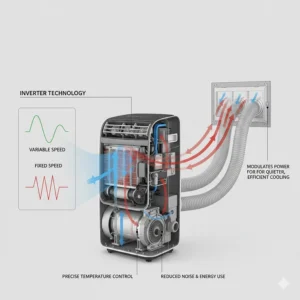 Diagram explaining how inverter compressor technology allows for a more quiet portable air conditioner experience.
