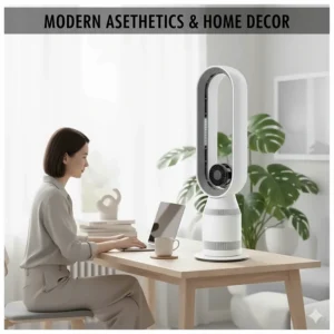 A sleek bladeless fan used as a decorative element in a minimalist home office to show modern aesthetic appeal.