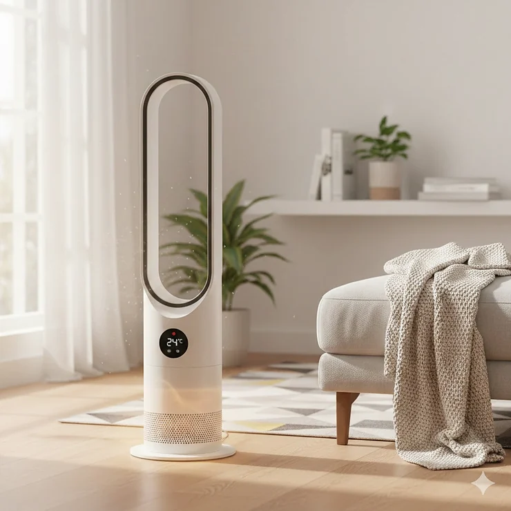 A sleek white bladeless fan with heater providing warmth in a modern minimalist living room setting.