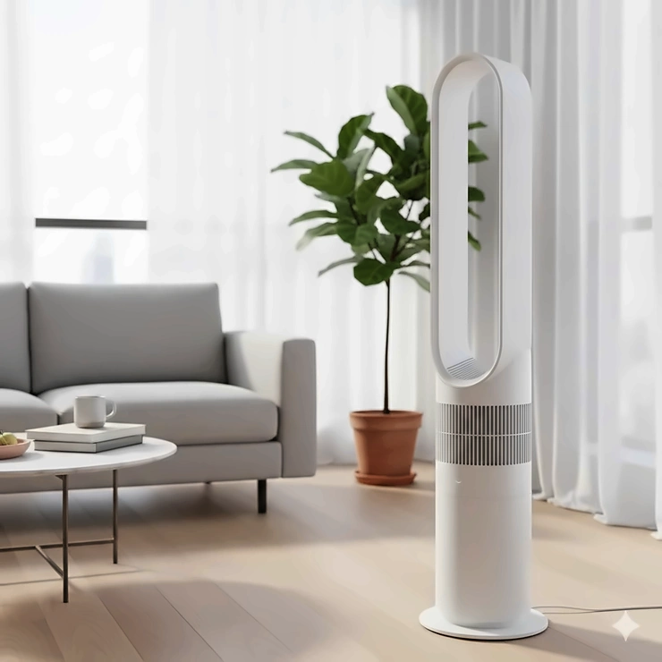 A sleek white bladeless tower fan standing in a modern, well-lit living room to provide quiet cooling.