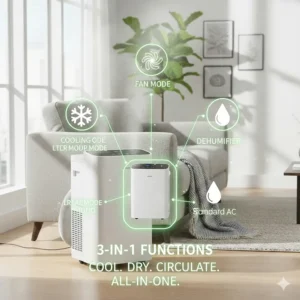 Illustration highlighting the cooling, dehumidifying, and fan modes of a small portable air conditioner.