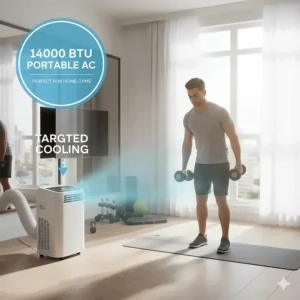 Using a 14000 BTU portable air conditioner to cool a home gym during a workout.