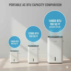Comparison chart of cooling capacities between 10000, 12000, and 14000 BTU portable AC units.