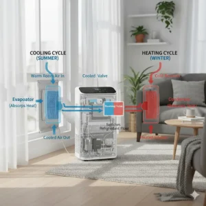 Technical illustration explaining the heat pump mechanism in a portable AC unit.