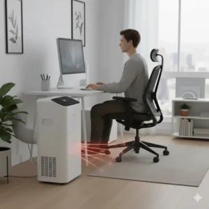 A portable air conditioner with heat placed under a desk in a home office environment.