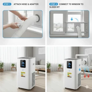 Step-by-step illustration of installing a window venting kit for a portable air conditioner in a small apartment.