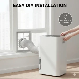 Close-up of a portable air conditioner window vent kit showing easy DIY installation.