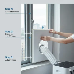 Illustration showing how to install a portable air conditioner window vent kit in a sliding apartment window.